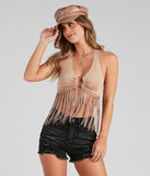 The O-Ring Faux Suede Halter Top in beige with a modern design and trendy look is part of the latest women's tops collection to elevate your 2025 wardrobe.