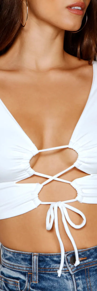 Stand out in 2025 in the Taking The Plunge Lace-Up Crop Top, a women's white long-sleeve top crafted from an elevated fabric with a modern neckline perfect for party outfits, bridal shower attire, or elevated casual outfits.
