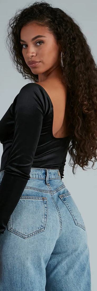 Holiday Shine Velvet Rhinestone Trim Bodysuit