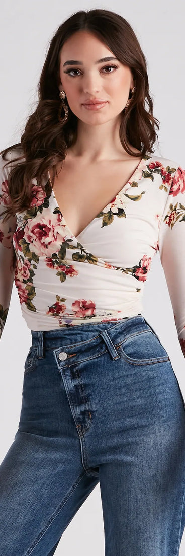 In Spring Floral Surplice Crop Top