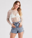 The Glitzy Muse Rhinestone Fishnet Crop Top in white with a modern design and trendy look is part of the latest women's tops collection to elevate your 2025 wardrobe.
