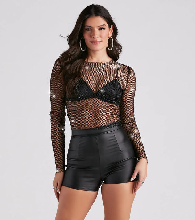 Edgy Glam Girl Rhinestone Fishnet Top Windsor - Main Image