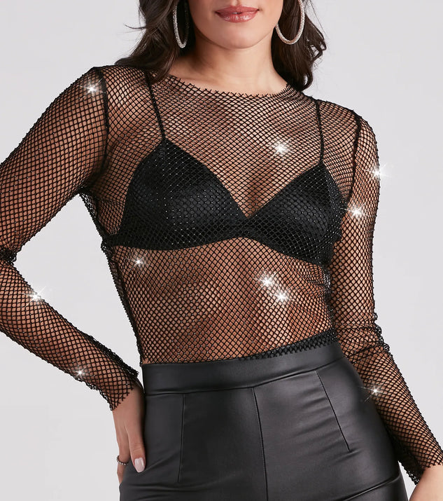 Edgy Glam Girl Rhinestone Fishnet Top Windsor