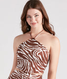 Effortlessly create holiday party outfits or vacation-ready looks with the Wild Style Zebra Print Crop Top, one part of a versatile women's brown matching set perfect for quick and easy outfit combinations from layering chic outfits to transitioning your look seamlessly.