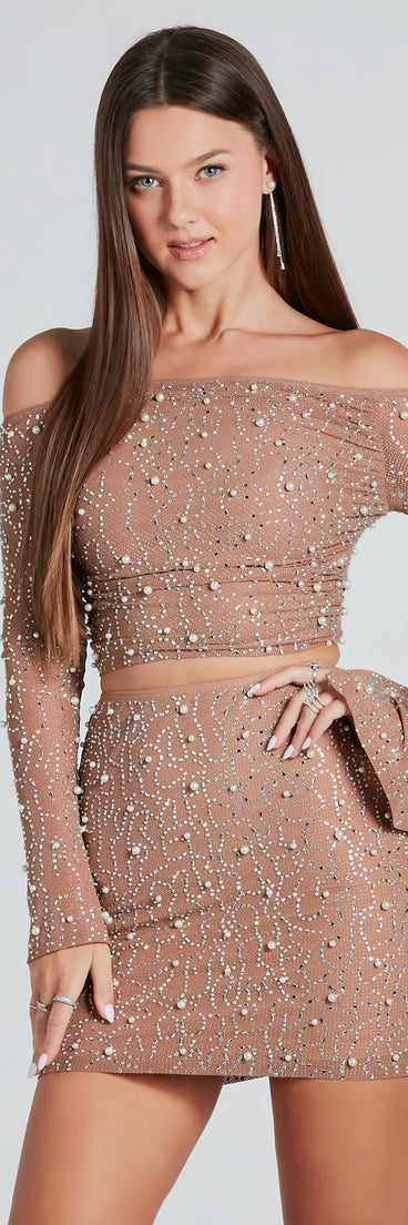 Got Bling Faux Pearl Rhinestone Crop Top