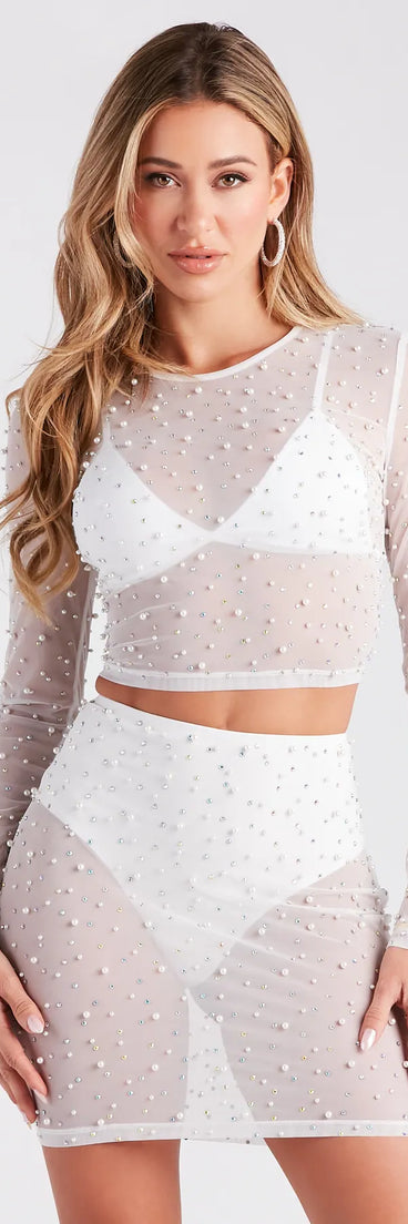 Queen Of The Gems Rhinestone Pearl Crop Top