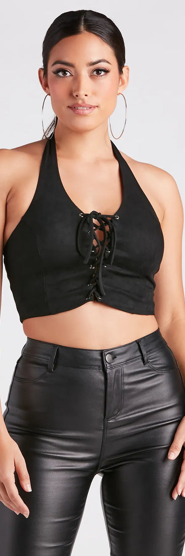 Hit The Town Faux Suede Lace-Up Halter Top