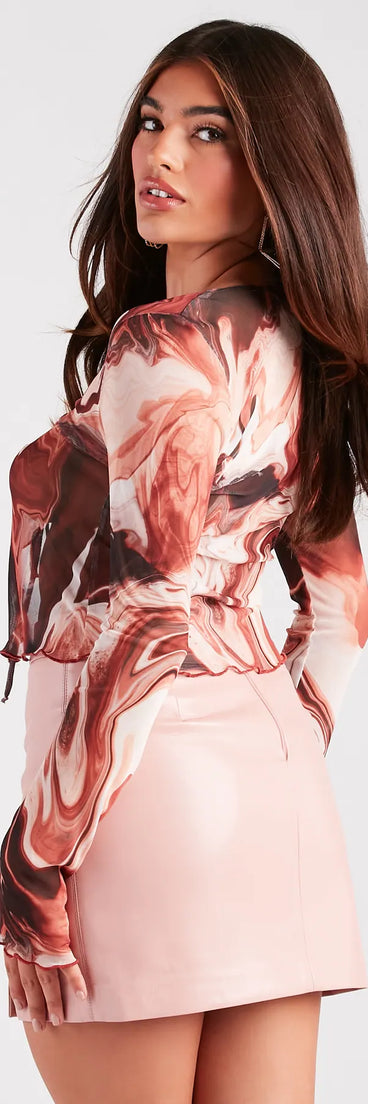 Draw You In Marble Mesh Long Sleeve Top