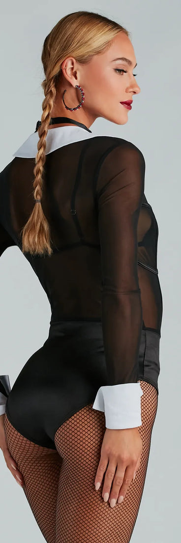 Gothic-Prep Cutie Mesh Collared Tie Bodysuit