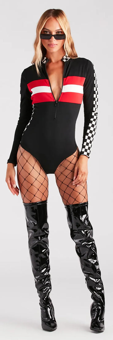 Racer Babe Striped And Checkered Bodysuit