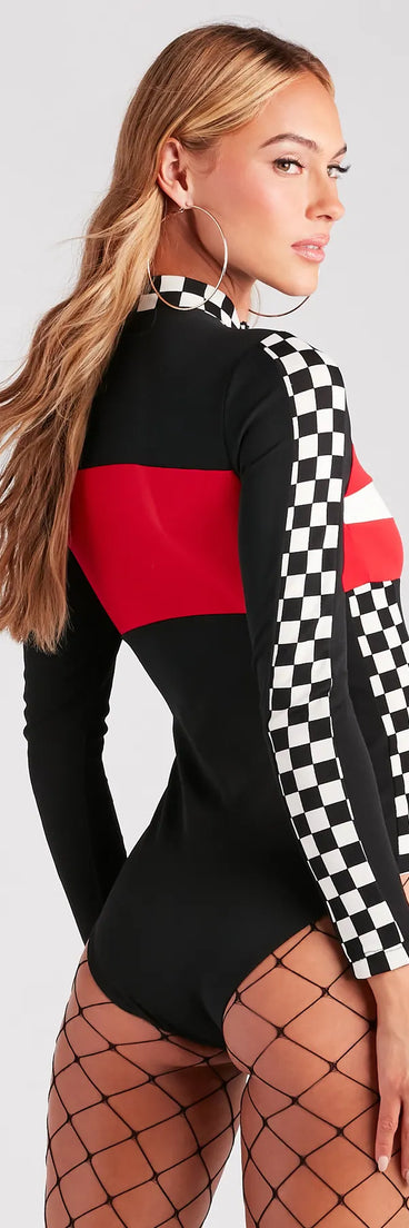 Racer Babe Striped And Checkered Bodysuit