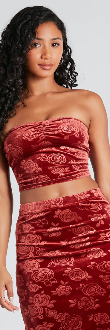 Loves Me Velvet Floral Strapless Crop Top