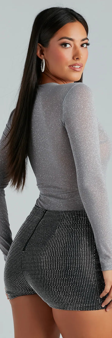Center Stage Glitter Mesh Long Sleeve Bodysuit