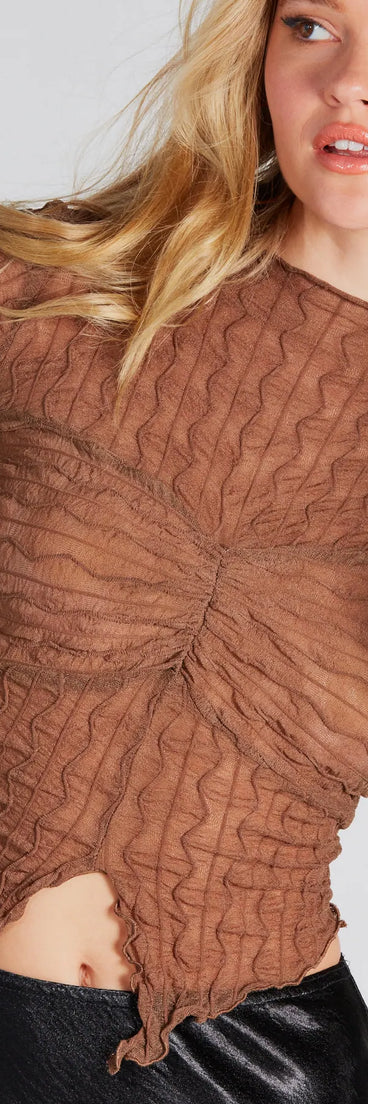 Near And Sheer Texture Mock Neck Crop Top