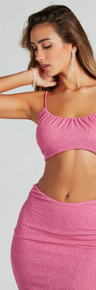 Effortlessly create holiday party outfits or vacation-ready looks with the Glittery Vibes Ruched Spaghetti Strap Crop Top, one part of a versatile women's pink matching set perfect for quick and easy outfit combinations from layering chic outfits to transitioning your look seamlessly.