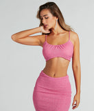 Effortlessly create holiday party outfits or vacation-ready looks with the Glittery Vibes Ruched Spaghetti Strap Crop Top, one part of a versatile women's pink matching set perfect for quick and easy outfit combinations from layering chic outfits to transitioning your look seamlessly.