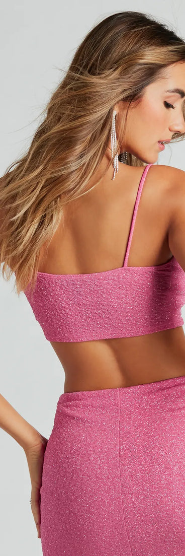 Effortlessly create holiday party outfits or vacation-ready looks with the Glittery Vibes Ruched Spaghetti Strap Crop Top, one part of a versatile women's pink matching set perfect for quick and easy outfit combinations from layering chic outfits to transitioning your look seamlessly.