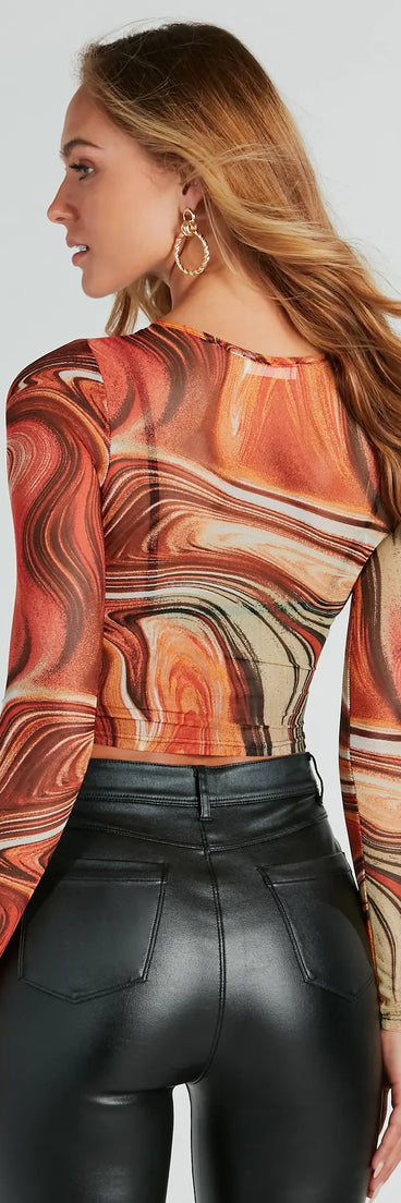 Chic Attraction Marble Swirl Sheer Mesh Crop Top