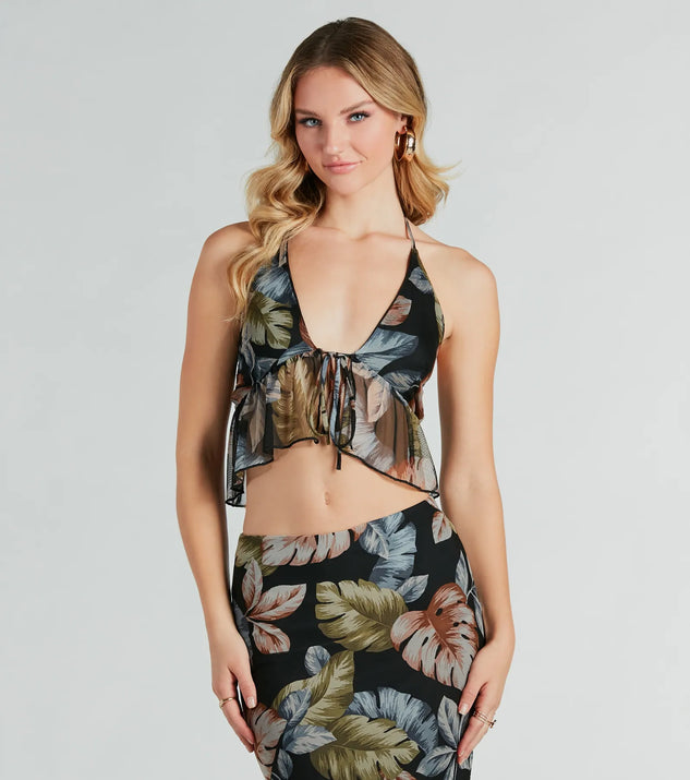 The Gorgeous Getaway Tropical Print Crop Top in black with a modern design and trendy look is part of the latest women's tops collection to elevate your 2025 wardrobe.