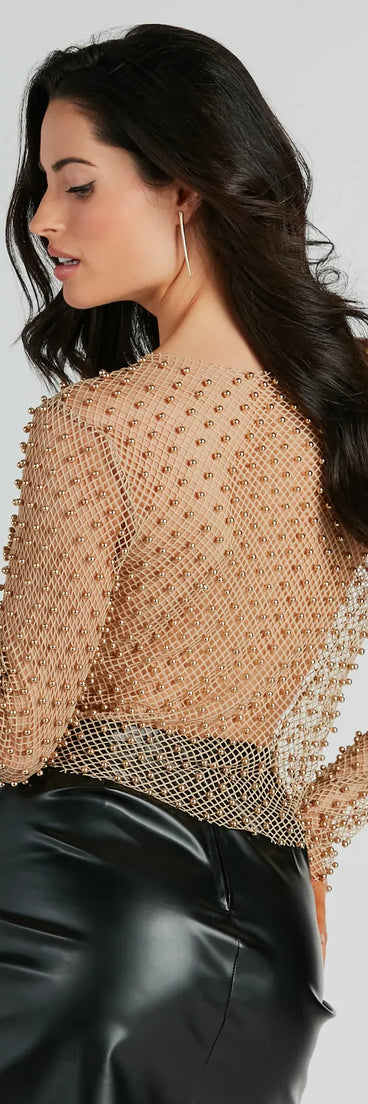 Luxe Attitude Faux Pearl Fishnet Crop Top