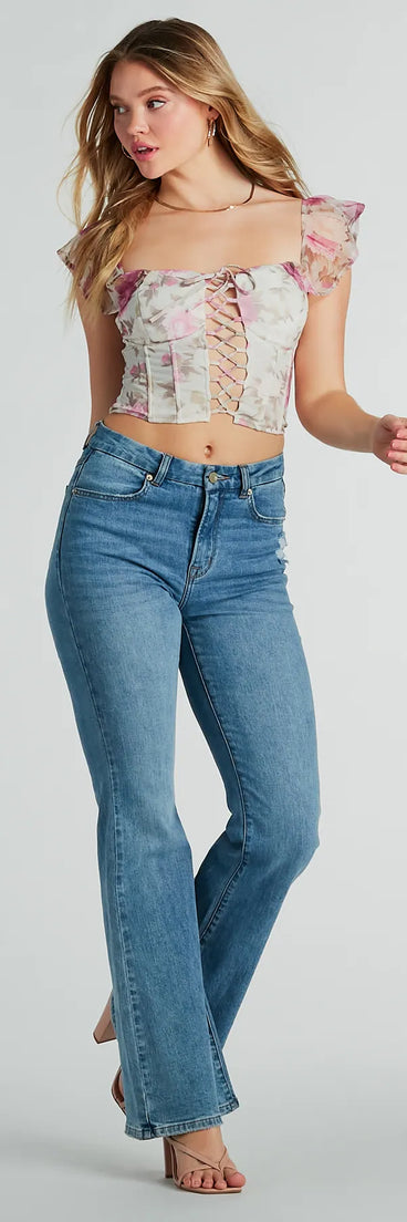 Gorgeous Blooms Lace-Up Floral Mesh Corset Top