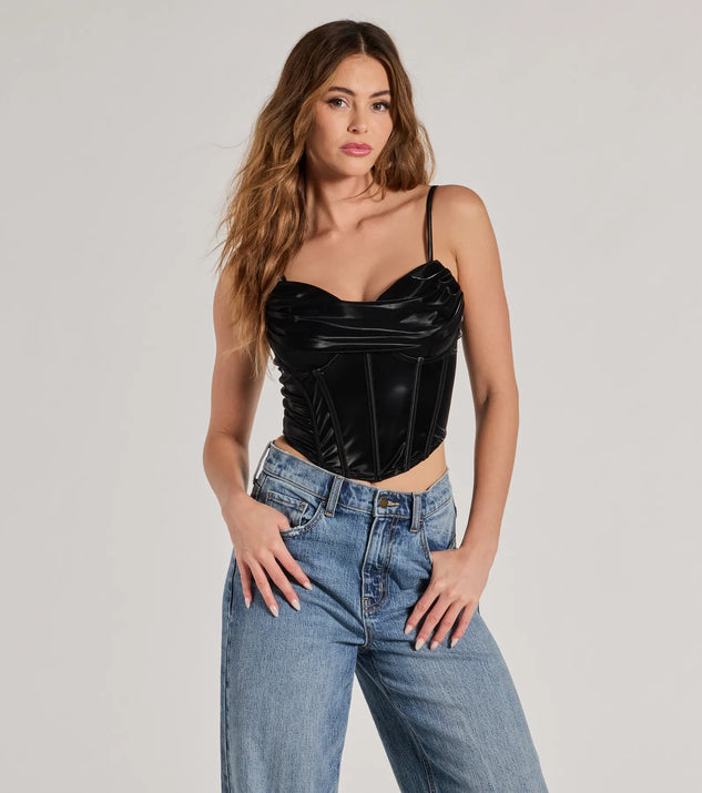 The Edgy Statement Faux Leather Cropped Corset in black with a modern design and trendy look is part of the latest women's tops collection to elevate your 2025 wardrobe.