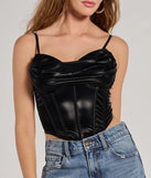The waist-defining bodice style of the Edgy Statement Faux Leather Cropped Corset in black is perfect for making a statement with your outfit and provides the structure, molded cups, or lace-up details that capture the corset trend.