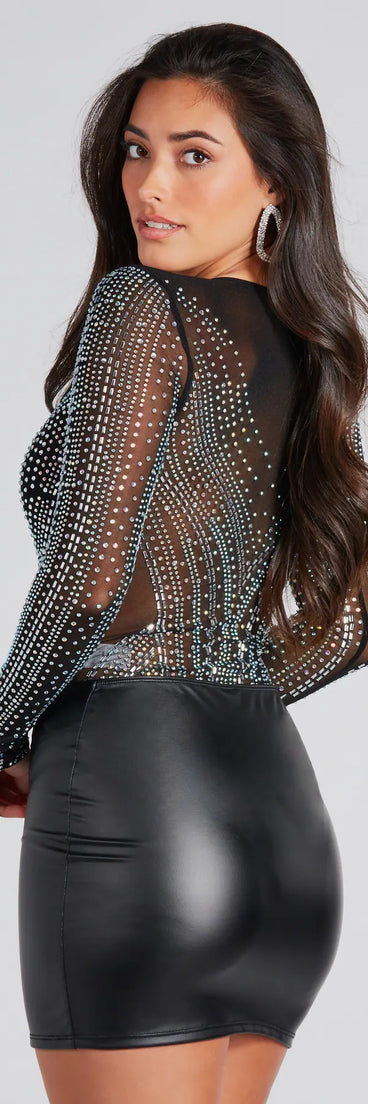 Enamored With Glam Rhinestone Sheer Mesh Bodysuit
