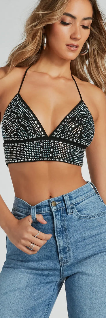 The When The Party Calls Rhinestone Halter Crop Top in black with a modern design and trendy look is part of the latest women's tops collection to elevate your 2025 wardrobe.