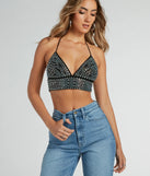 The When The Party Calls Rhinestone Halter Crop Top in black with a modern design and trendy look is part of the latest women's tops collection to elevate your 2025 wardrobe.
