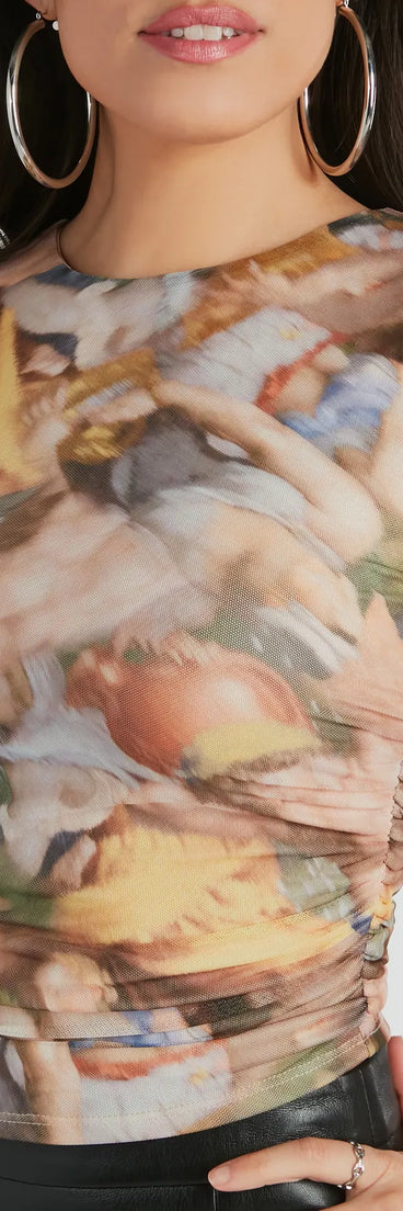 Angel Looks Short Sleeve Printed Mesh Crop Top