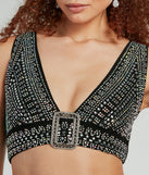 With fun and flirty details, the She's A Gem Plunge Neck Buckle Rhinestone Crop Top shows off your unique style for a trendy outfit for summer!