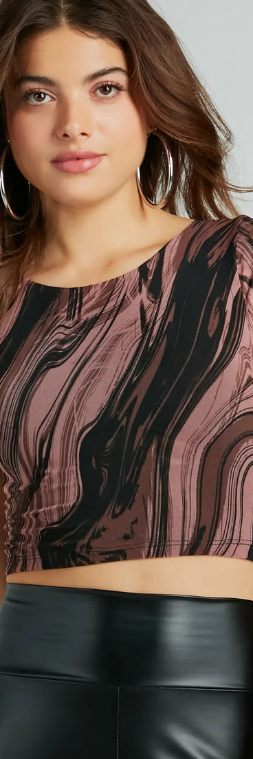 The Bring It Back Abstract Print Mesh Crop Top in mocha brown with a modern design and trendy look is part of the latest women's tops collection to elevate your 2025 wardrobe.