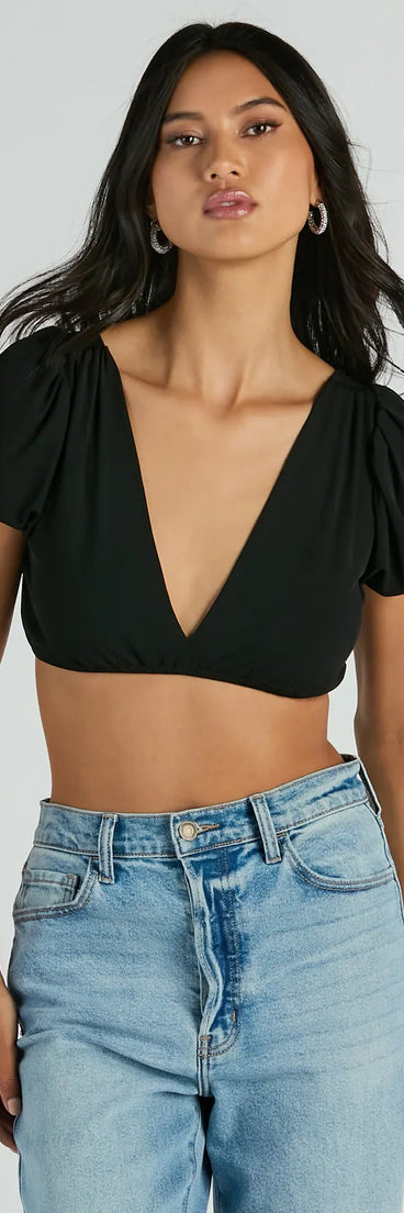 The Adorable Allure Puff Sleeve Tie-Back Crop Top in black with a modern design and trendy look is part of the latest women's tops collection to elevate your 2025 wardrobe.