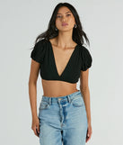 The Adorable Allure Puff Sleeve Tie-Back Crop Top in black with a modern design and trendy look is part of the latest women's tops collection to elevate your 2025 wardrobe.