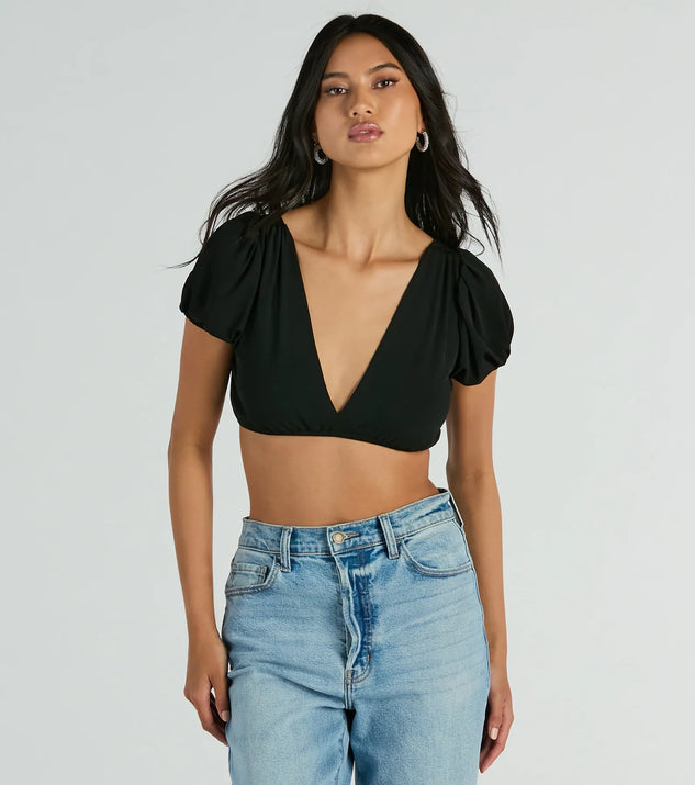 The Adorable Allure Puff Sleeve Tie-Back Crop Top in black with a modern design and trendy look is part of the latest women's tops collection to elevate your 2025 wardrobe.
