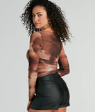 The Chic Vision Long Sleeve Abstract Print Mesh Top in brown with a modern design and trendy look is part of the latest women's tops collection to elevate your 2025 wardrobe.