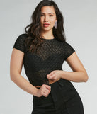 The Sultry Sheer Textured Knit Top in black with a modern design and trendy look is part of the latest women's tops collection to elevate your 2025 wardrobe.