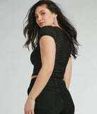 The party-ready Sultry Sheer Textured Knit Top is a black going-out top showcasing a seasonal color and modern silhouette to create outfits for date nights, cocktail parties, or clubwear.