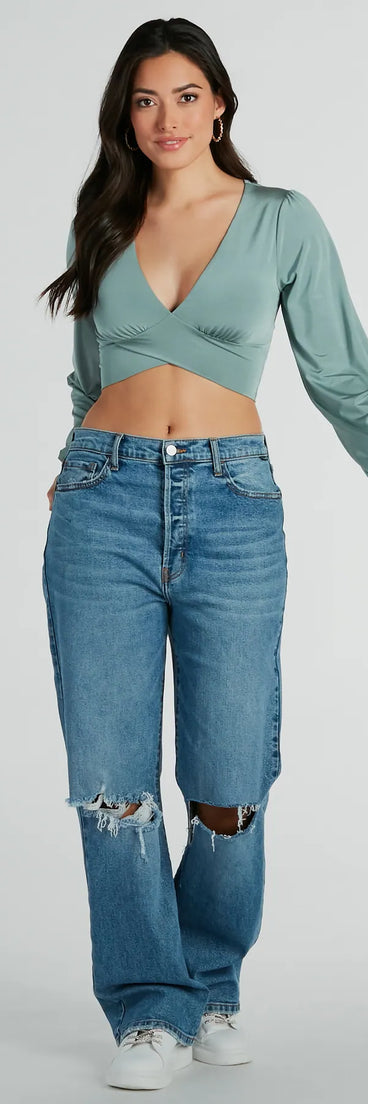 Stand out this winter in the Smooth Talkin' Long Sleeve V-Neck Crop Blouse, a women's sage long-sleeve top crafted from an elevated fabric with a modern necklineperfect for party outfits, holiday attire, or elevated casual outfits.