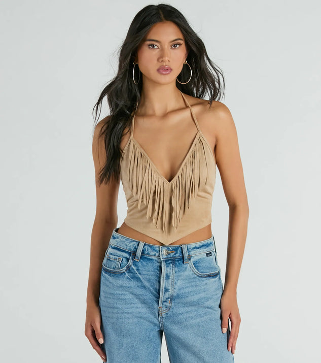 The Festive Icon V-Neck Fringe Halter Faux Suede Crop Top in beige with a modern design and trendy look is part of the latest women's tops collection to elevate your 2025 wardrobe.