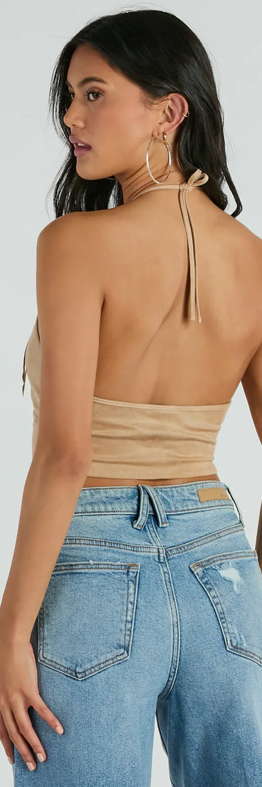 The Festive Icon V-Neck Fringe Halter Faux Suede Crop Top in beige with a modern design and trendy look is part of the latest women's tops collection to elevate your 2025 wardrobe.
