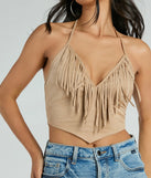 The Festive Icon V-Neck Fringe Halter Faux Suede Crop Top in beige with a modern design and trendy look is part of the latest women's tops collection to elevate your 2025 wardrobe.