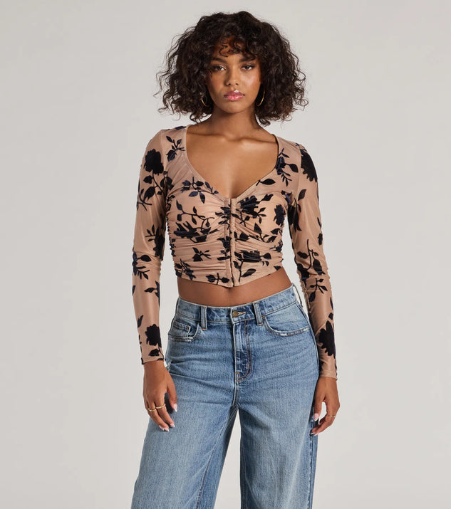 Charming Flocked Floral Mesh Long Sleeve Corset Top Windsor