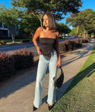 The Sheer Charm Strapless Lace Crop Top in black with a modern design and trendy look is part of the latest women's tops collection to elevate your 2025 wardrobe.