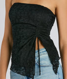 Stay on-trend this season with the Sheer Charm Strapless Lace Crop Top in black, a must-have for creating stylish and effortless spring outfits for women.