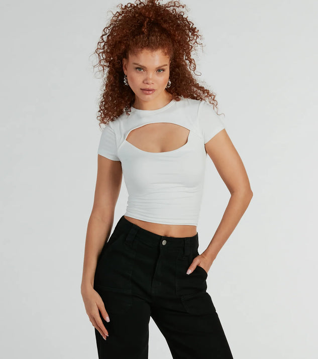 The Playful Vibes Cutout Crew Neck Crop Top in white with a modern design and trendy look is part of the latest women's tops collection to elevate your 2025 wardrobe.
