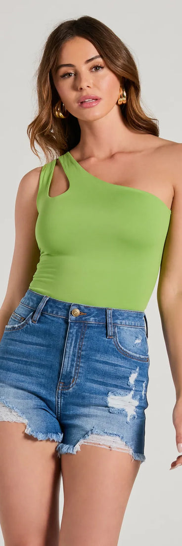The One Sided Sleeveless Cutout Bodysuit in lime green with a modern design and trendy look is part of the latest women's tops collection to elevate your 2025 wardrobe.