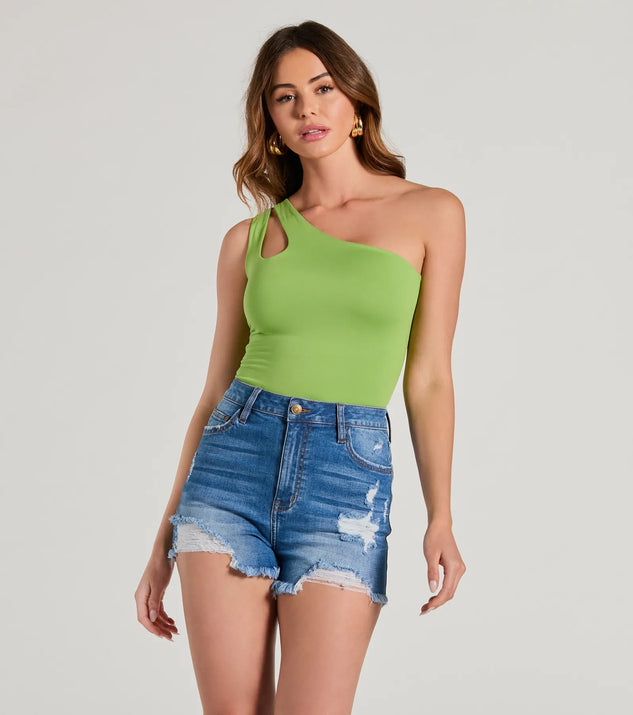 The One Sided Sleeveless Cutout Bodysuit in lime green with a modern design and trendy look is part of the latest women's tops collection to elevate your 2025 wardrobe.