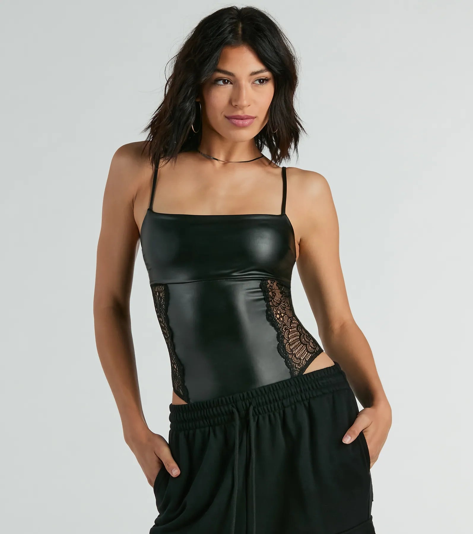 Daring Encounter Lace Faux Leather Bodysuit BODYSUITS